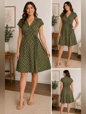 Donna Ricco  Olive Grid Wrap Dress